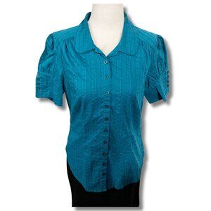 RICKI'S Teal blue green short-sleeve button-down shirt vintage SMALL MEDIUM top